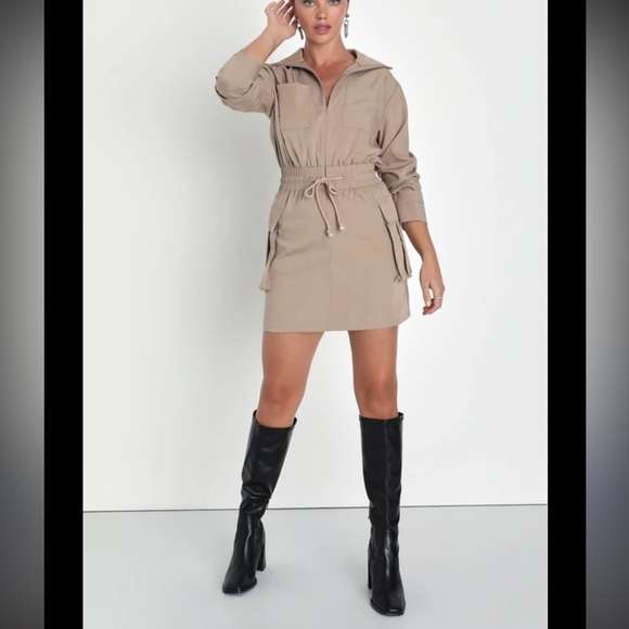 LuLu’s Versatile Energy Khaki Mock Neck Long Sleeve Utility Mini Dress M NWT - Picture 1 of 16